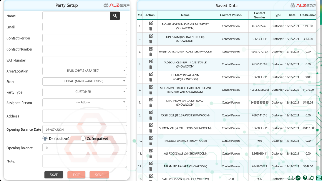 Party Setup Form: Customers, Suppliers, Customs Agents & Other Vendors in ALZERP Cloud ERP Software