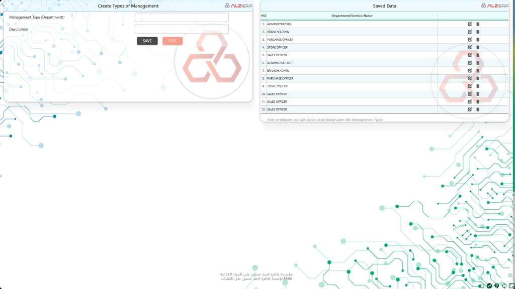 Company Departments (Employee Segment by Management Type) in ALZERP Cloud ERP Software