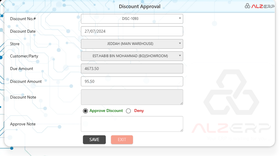 Discount Approval Form in ALZERP Cloud ERP software