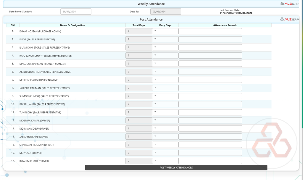 Employee Weekly Attendance Submit feature in ALZERP Cloud ERP Software