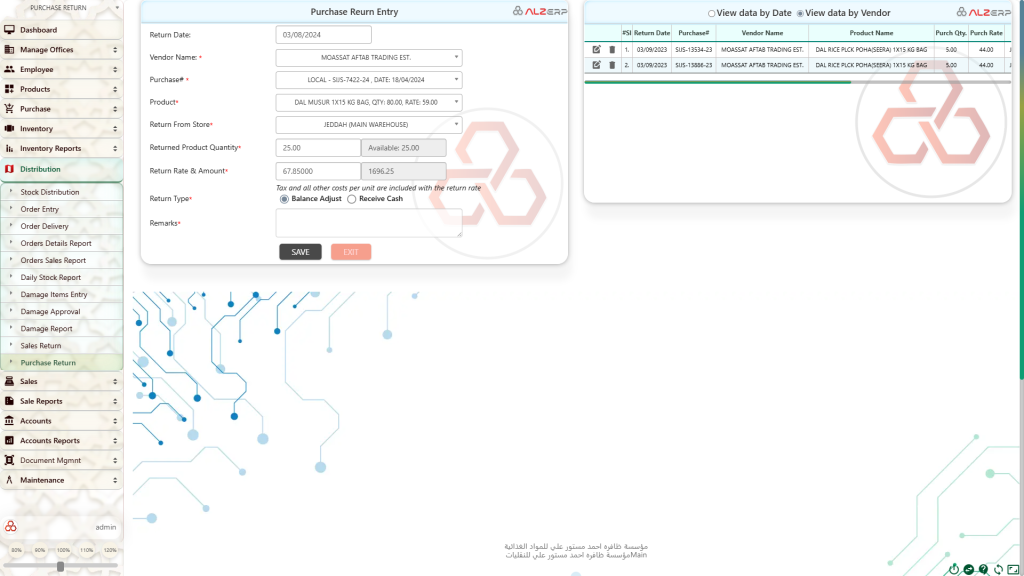 Purchase Return feature in ALZERP