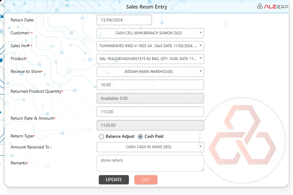 Sales Return Form in ALZERP Cloud ERP software