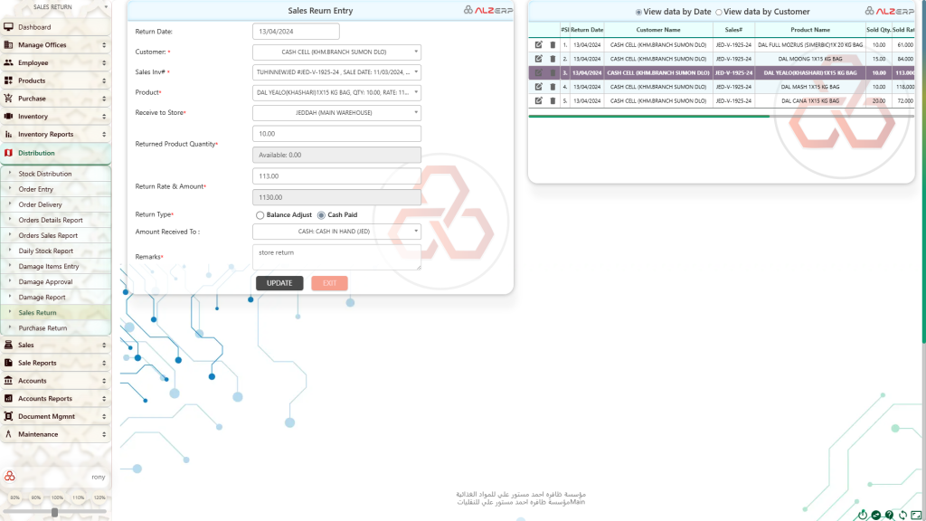 Sales Return Form in ALZERP Cloud ERP software