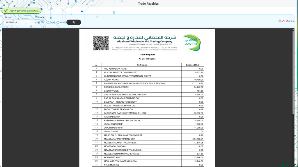 Trade Payable Report or Accounts Payable Report