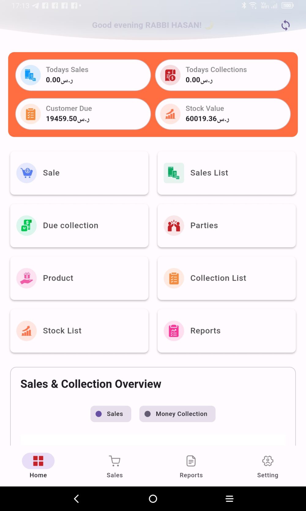 ALZERP POS mobile app dashboard for wholesale distribution