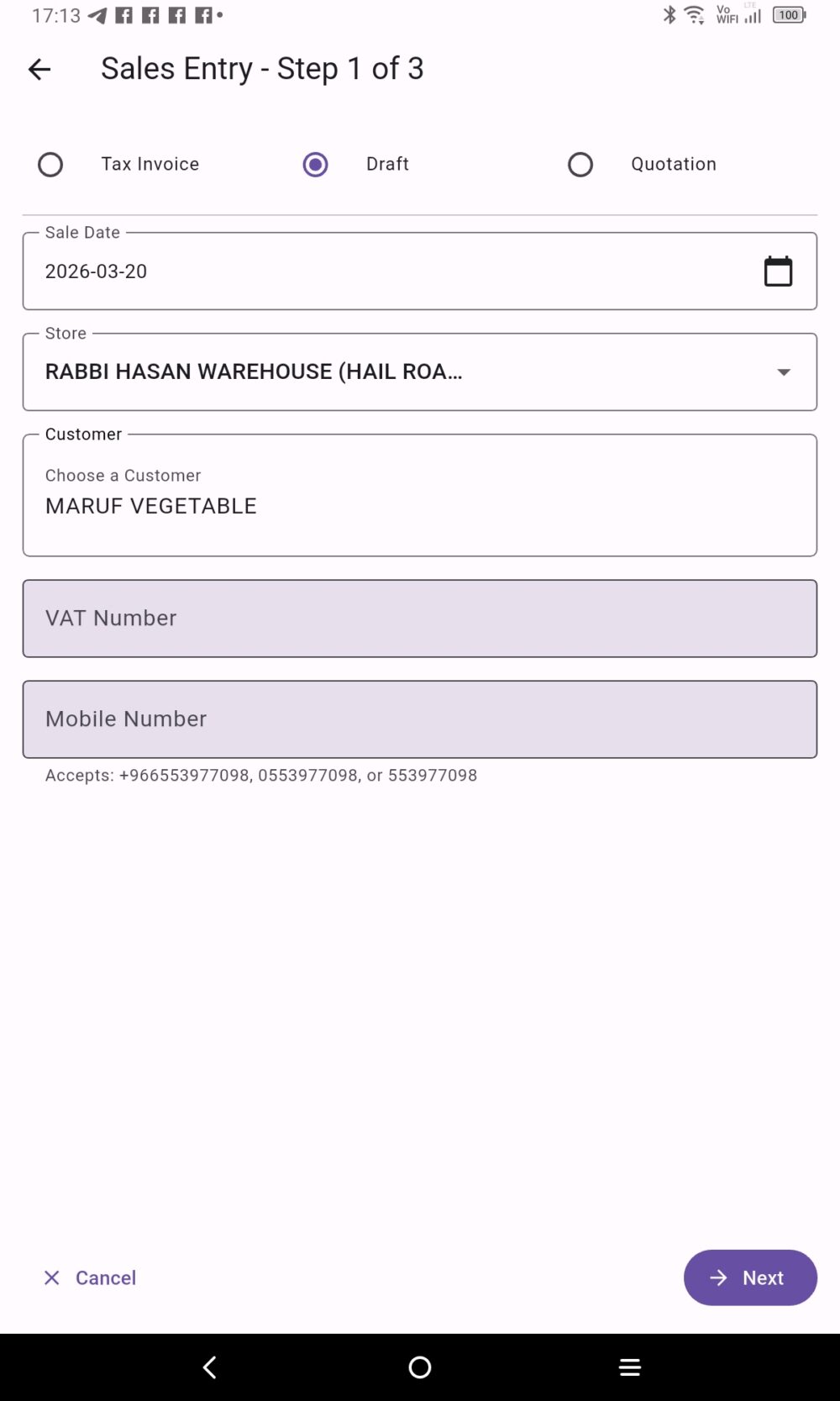 Mobile invoice creation for van sales in Saudi Arabia
